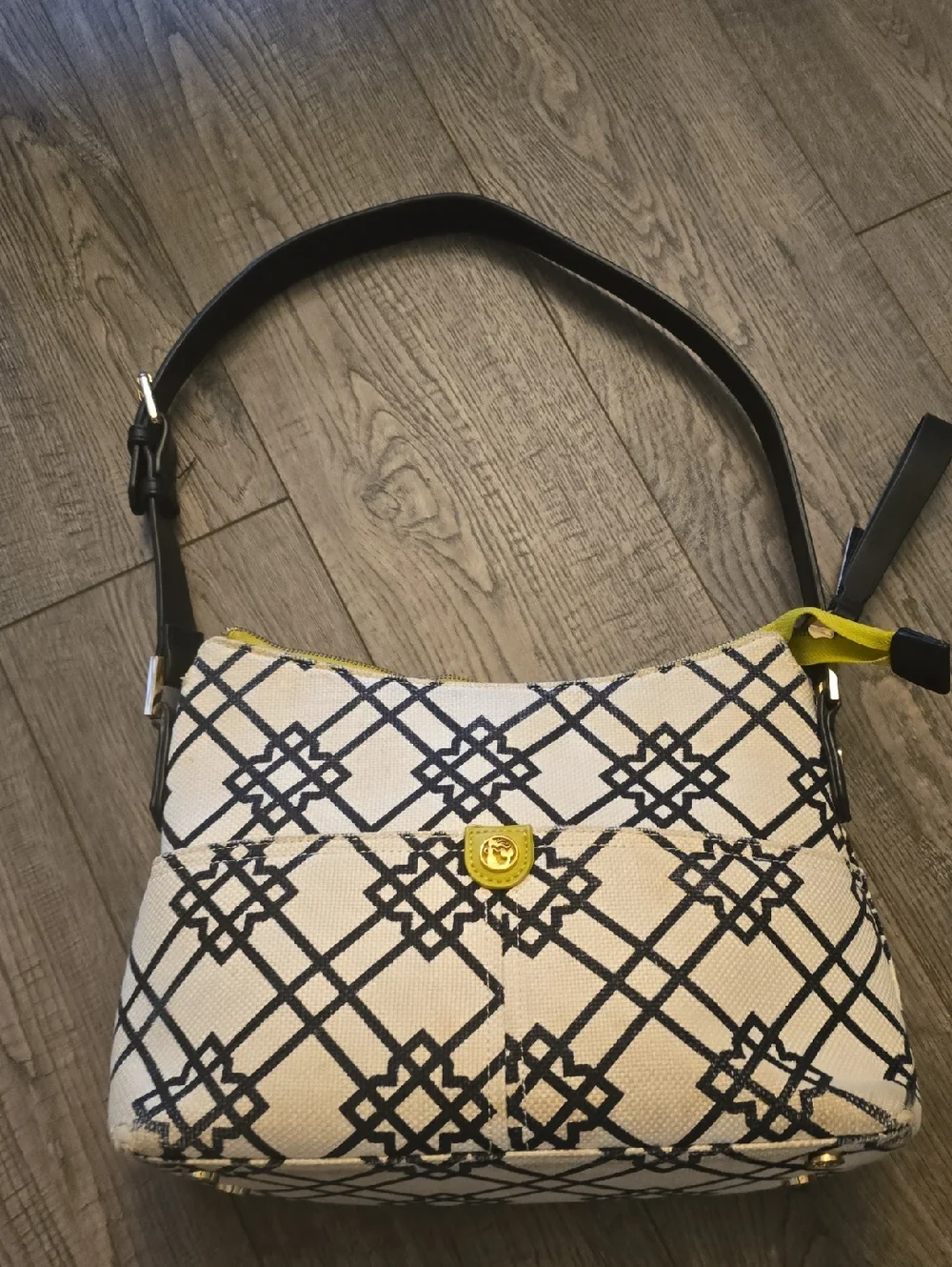 Spartina 449 Cream Canvas Shoulder Bag+ Wallet W/Black Lattice and Yellow Accent